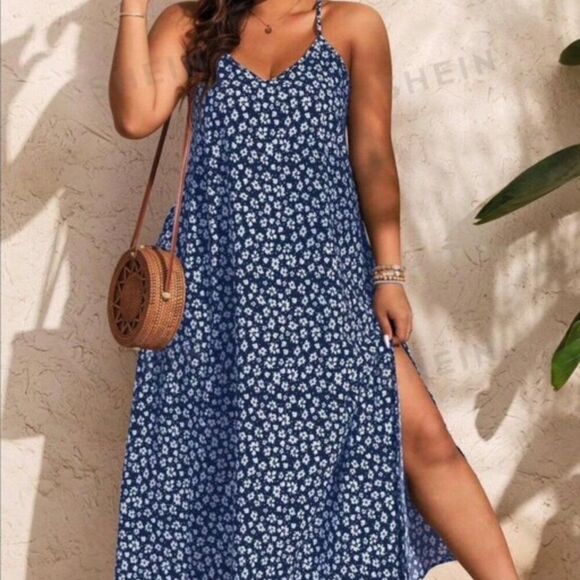 Shein Blue/White/Yellow Floral adjustable Spaghetti strap dress, size 1X - Picture 1 of 6